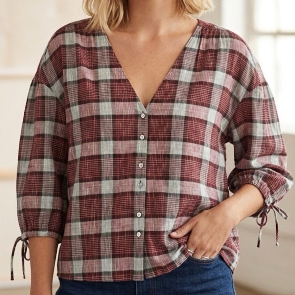 Madewell Morning View Red Blue Gingham Cotton Tie Sleeve Button Down Top Large